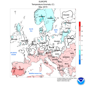 Anomalie termiche registrate nel mese di Maggio 2015. Fonte: NOAA