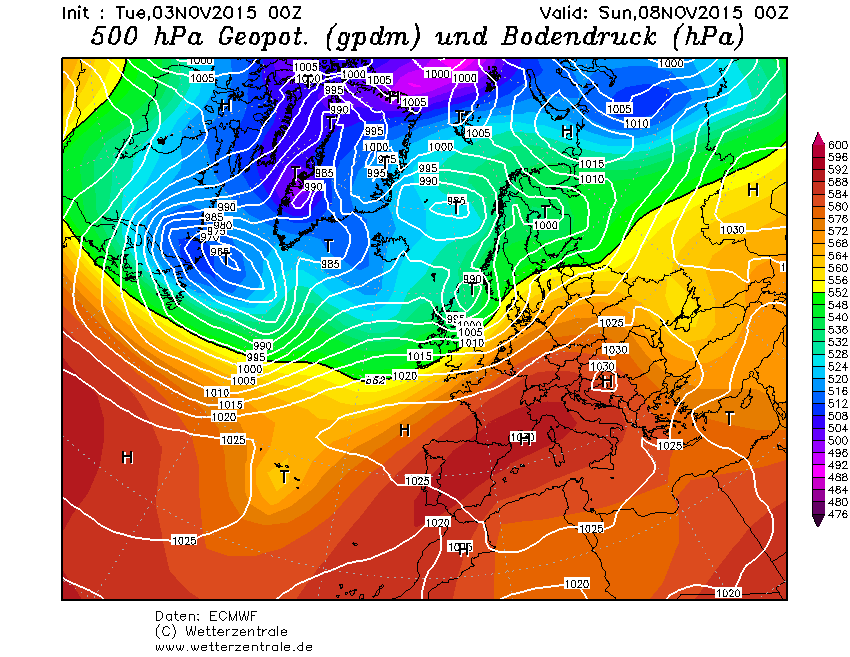 Carta a 500 hpa prevista per l'8 Novembre